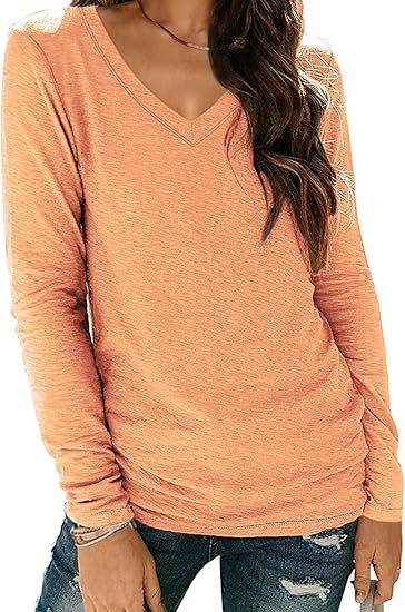 Camiseta informal de manga larga con cuello en V y color liso para mujer