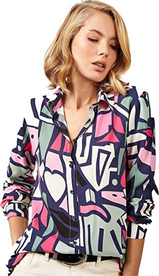 Camisa informal de manga larga con solapa y estampado de rayas de leopardo para mujer