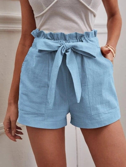 Women Casual Solid Color High Waist Bowknot Lace-Up Loose Shorts