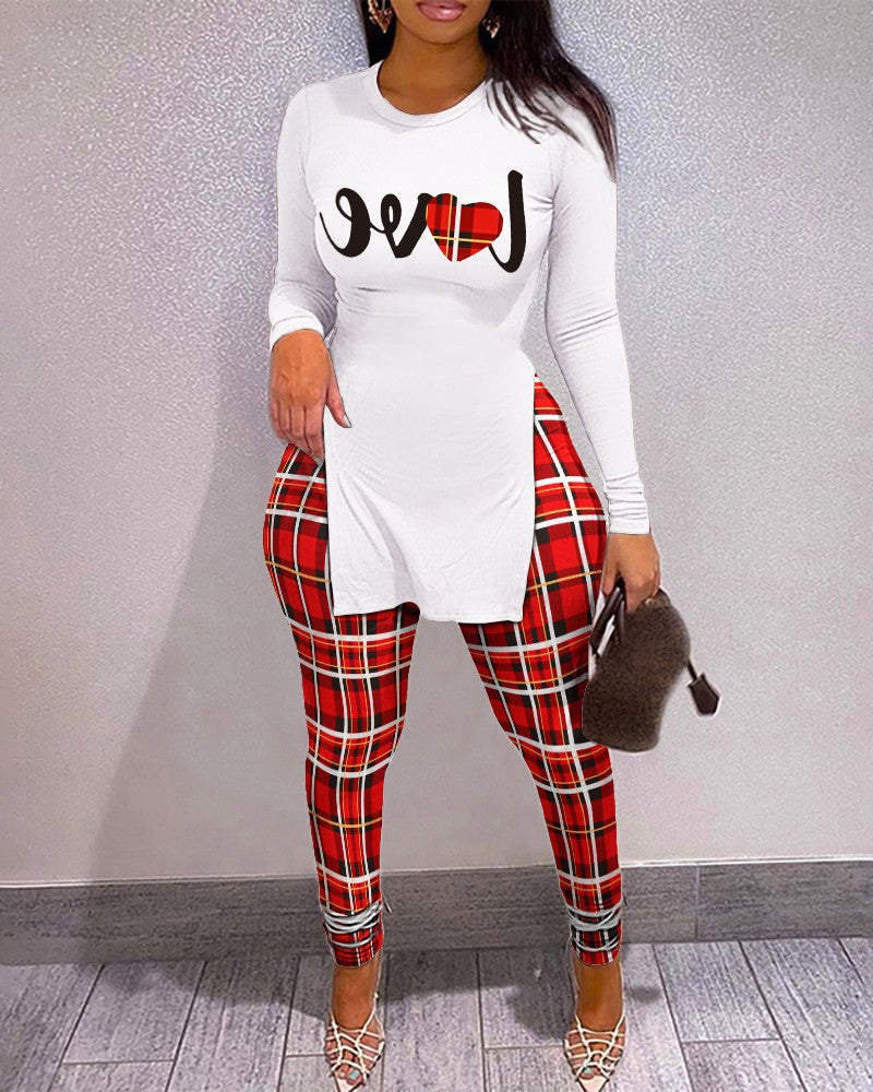 Conjunto deportivo informal de manga larga con cuello redondo y pantalones ajustados para mujer