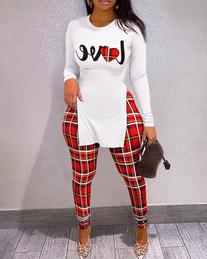 Conjunto deportivo informal de manga larga con cuello redondo y pantalones ajustados para mujer