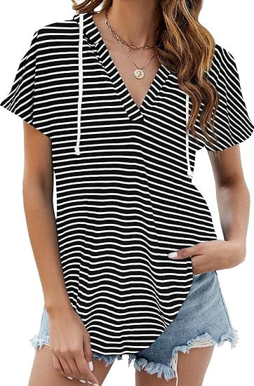 Camiseta holgada informal de manga corta con cuello en V y color liso para mujer