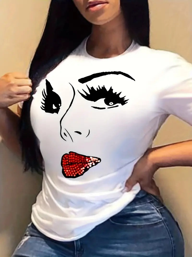 Camiseta informal de manga corta con estampado de dibujos animados para mujer