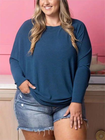 Camiseta informal de manga larga con cuello redondo y color liso para mujer