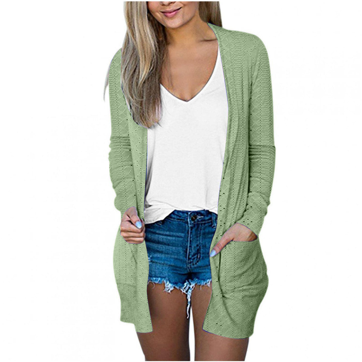 Abrigo informal holgado de manga larga con bolsillos en color liso para mujer