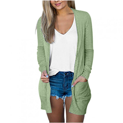 Abrigo informal holgado de manga larga con bolsillos en color liso para mujer