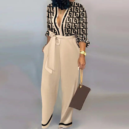 Women Fashion Loose Printed High Waist Casual Straight Jumpsuits