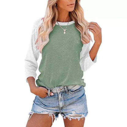 Camiseta informal de manga larga con cuello redondo y contraste de colores para mujer