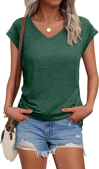 Camiseta informal de verano para mujer, color liso, cuello en V, manga corta, sin mangas