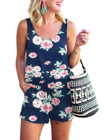 Women Casual Summer Vacation Solid Color U Neck Drawstring Loose Sleeveless Rompers