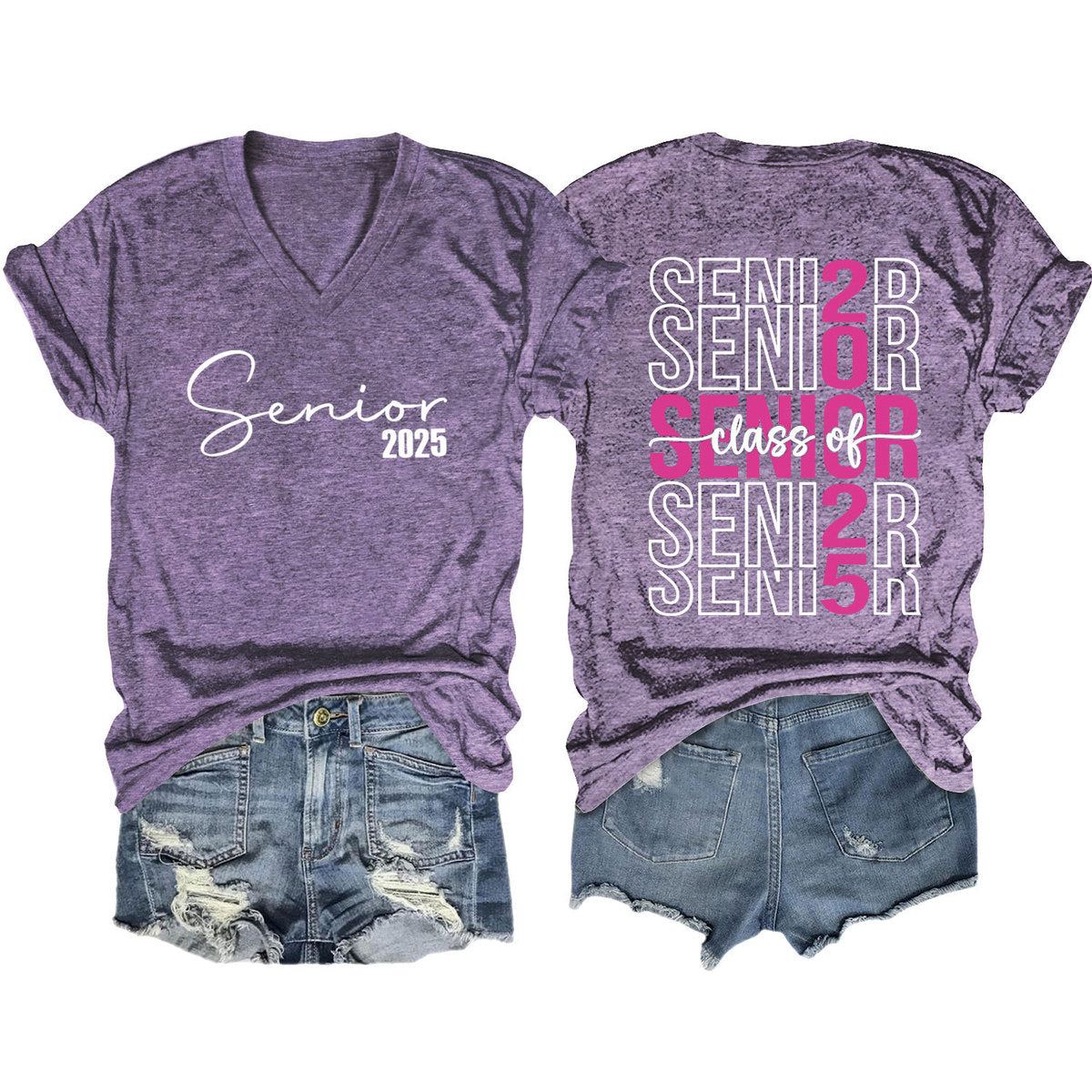 Camiseta informal de manga corta con cuello en V y estampado de letras para mujer 2025