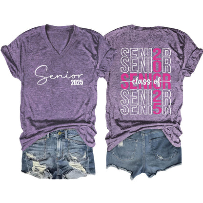 Camiseta informal de manga corta con cuello en V y estampado de letras para mujer 2025