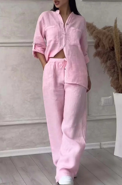 Conjunto de dos piezas para mujer: camisa de manga larga con botonadura sencilla y pantalones con cordones