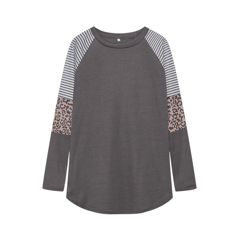 Camiseta informal de manga larga con cuello redondo y rayas de leopardo para mujer de otoño