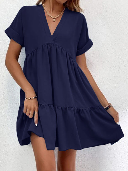 Vestido informal de verano para mujer, con escote en V y manga corta, estilo swing grande