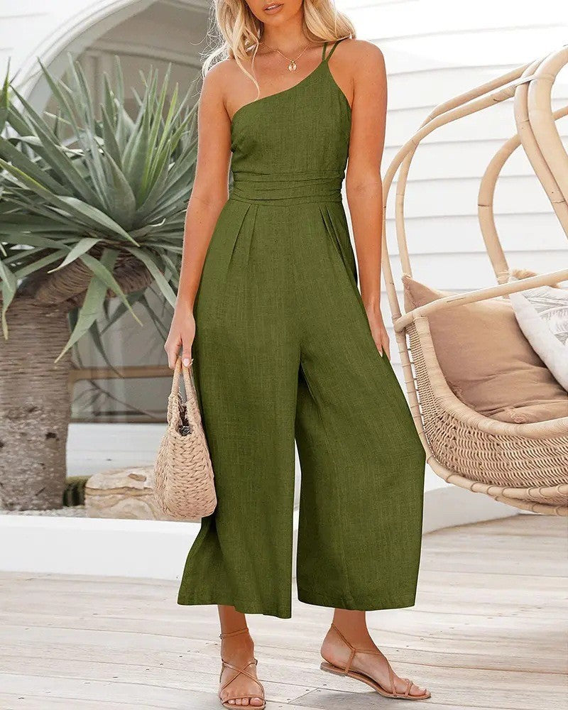 Women Fashion Casual Solid Color Cotton Linen Slant Shoulder Sleeveless Jumpsuit