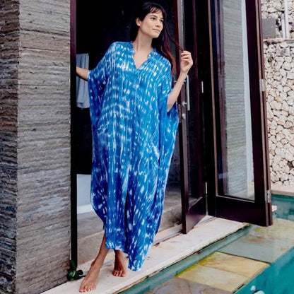 Women Casual Loose Stripe Leaf Feather Print Bikini Cover-Ups