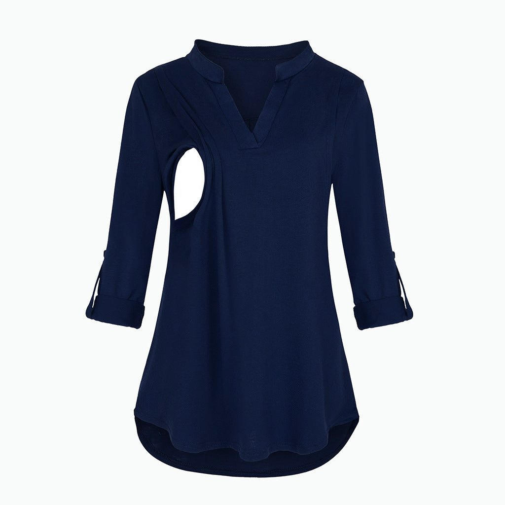 Pregnant Women Fashion Casual V-Neck Plaid Print Breastfeeding Long Sleeve Top