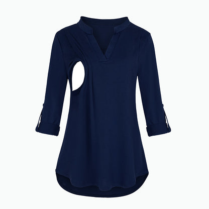 Pregnant Women Fashion Casual V-Neck Plaid Print Breastfeeding Long Sleeve Top