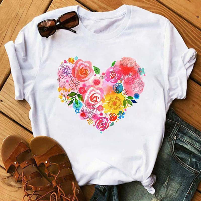 Camiseta informal de manga corta con estampado de corazones para mujer