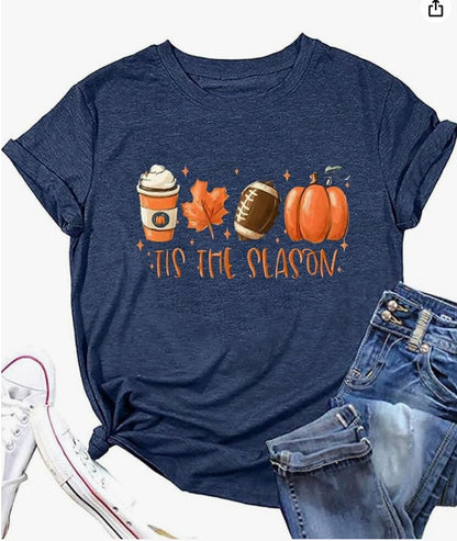 Camiseta informal de manga corta con cuello redondo y estampado de hojas de arce para mujer