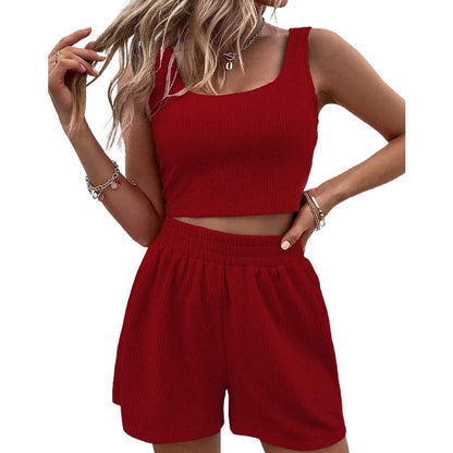 Conjunto casual de dos piezas para mujer, top y pantalones cortos de color liso