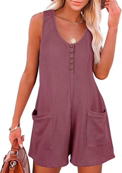 Women Casual Solid Color V-Neck Button Pocket Vest Rompers