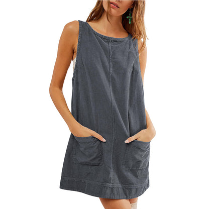 Women Casual Corduroy Solid Color Sleeveless Mini Dress
