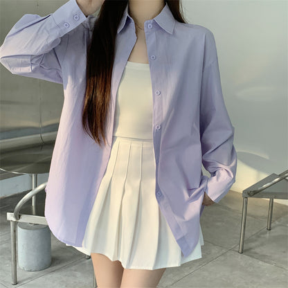 Women Basic Casual Long-Sleeved Shirt Loose Mid-Length Office Blouse