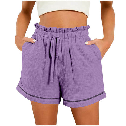 Women Fashion Casual Solid Color High Waist Lace-Up Wide-Leg Shorts