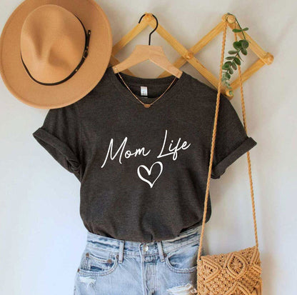 Camiseta informal de manga corta para mujer con texto "Mamá, vida de madre, feliz día de la madre"