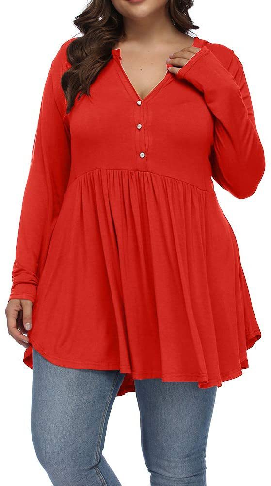 Camiseta informal de manga larga plisada con botones y escote en V de color liso para mujer, talla grande