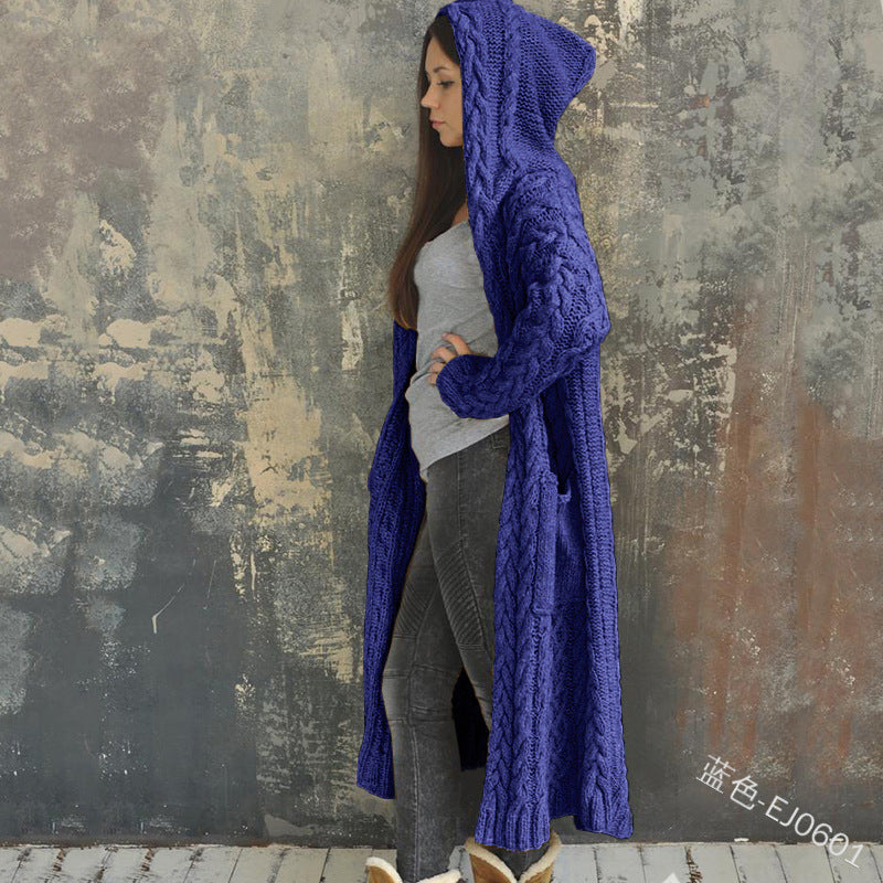 Women Casual Solid Color Long Sleeve Hooded Cardigan Knitted Sweater