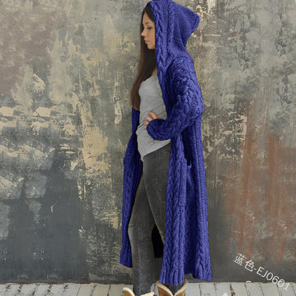 Women Casual Solid Color Long Sleeve Hooded Cardigan Knitted Sweater