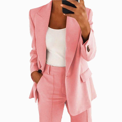 Conjunto de dos piezas de chaqueta y pantalón con solapa informal para mujer