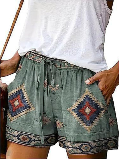 Pantalones cortos holgados con cordones y cintura alta con estampado digital informal a la moda para mujer