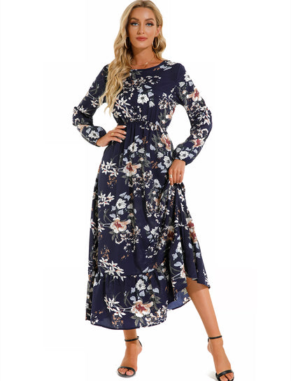 Vestido largo informal de manga larga con cuello redondo y estampado floral para mujer