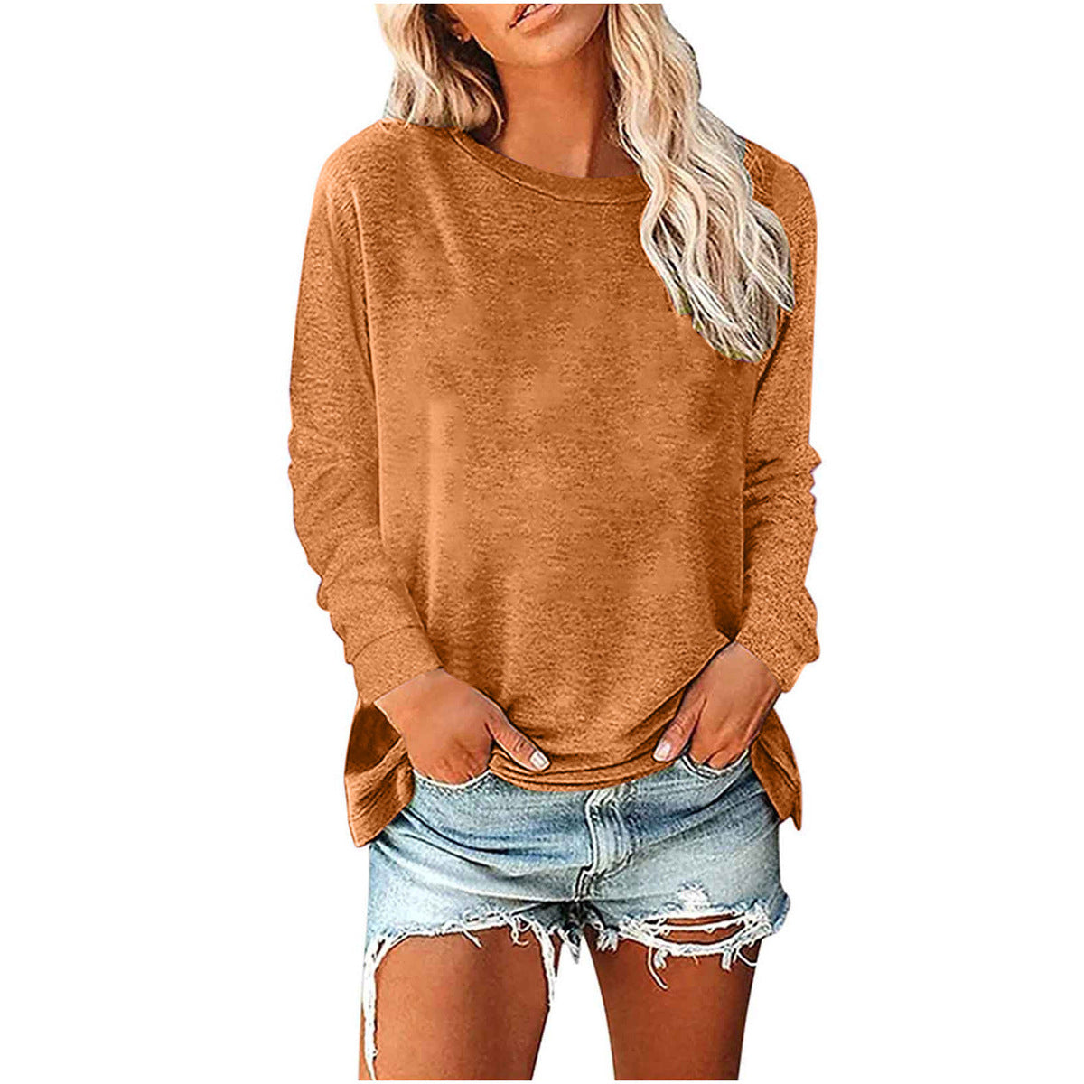 Camiseta informal holgada de manga larga con cuello redondo para mujer