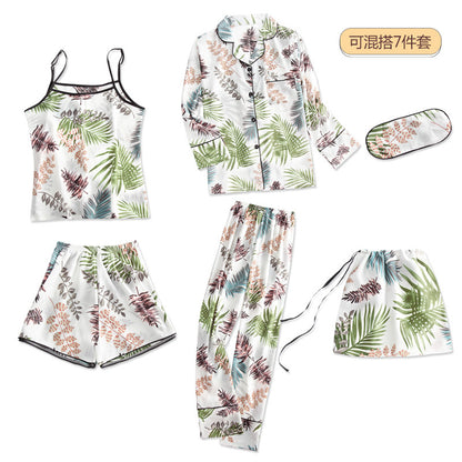Conjunto de pijama fino de siete piezas con estampado de rayas informal sencillo para mujer