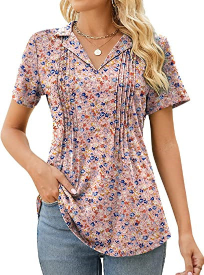 Camiseta informal de verano para mujer, con cuello en V y manga corta en blanco