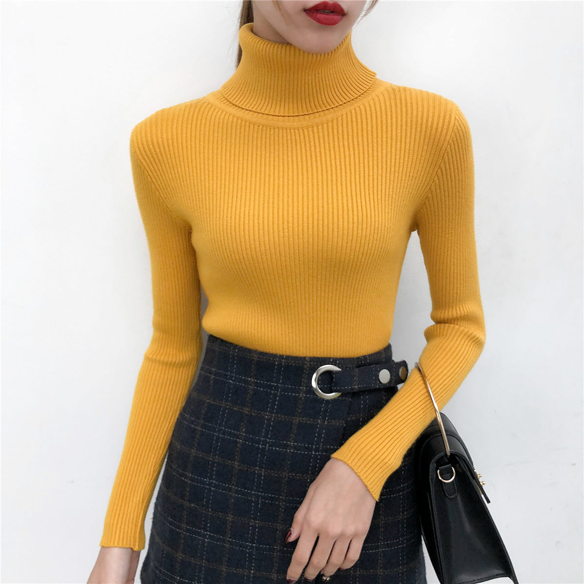 Top de punto de manga larga con cuello alto y color liso informal básico a la moda para mujer