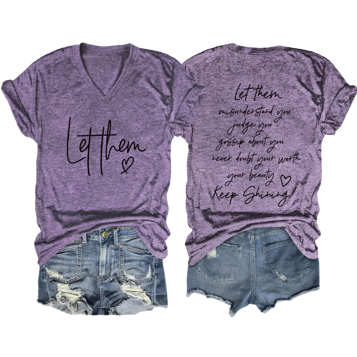 Camiseta informal de verano para mujer con estampado de letras de doble cara y cuello en V de manga corta