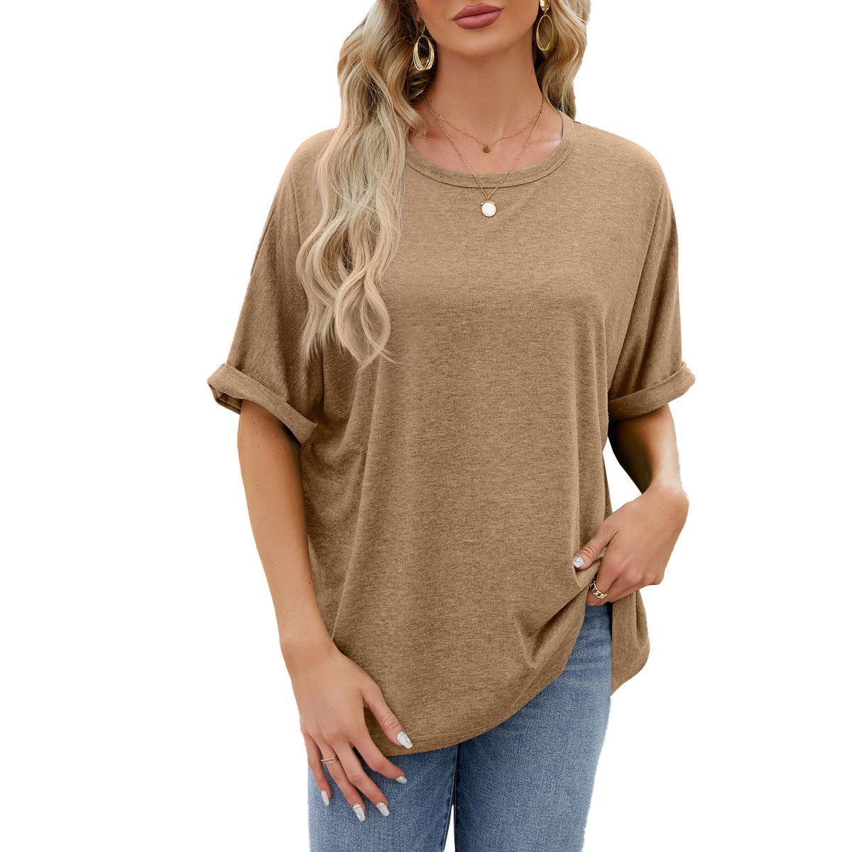 Camiseta informal de verano para mujer, color liso, cuello redondo y manga corta