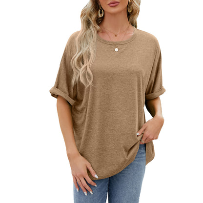 Camiseta informal de verano para mujer, color liso, cuello redondo y manga corta