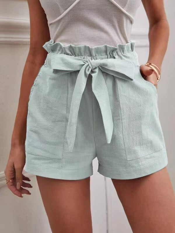 Women Casual Linen Solid Color Loose Pocket High Waist Shorts