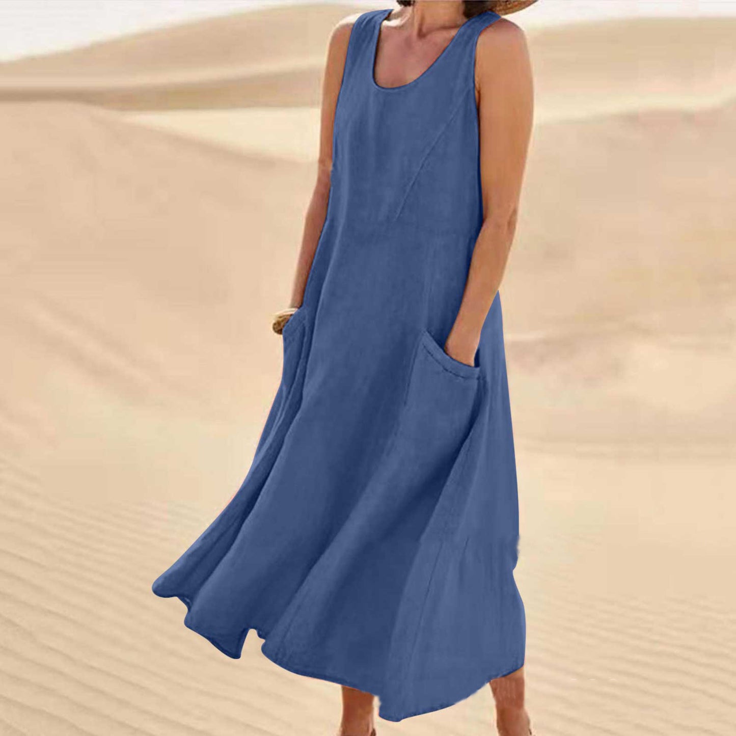 Summer Women Casual Solid Color Sleeveless Round Neck Pocket Cotton Linen Dress