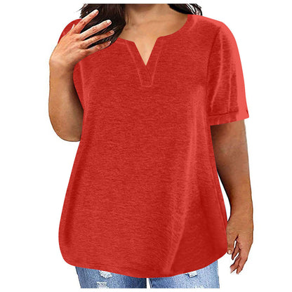 Women Casual Plus Size Solid Color V-Neck Short Sleeve Pocket T-Shirt