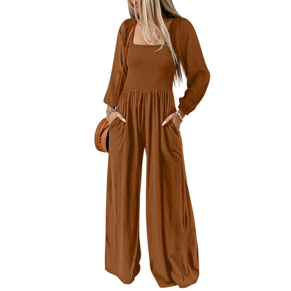 Women Fashion Casual Solid Color Square Collar Long Sleeve High Waist Wide Leg Jumpsuits