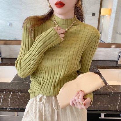 Women Fashion Basic Casual Half High Neck Long Sleeve Knitted Sweater