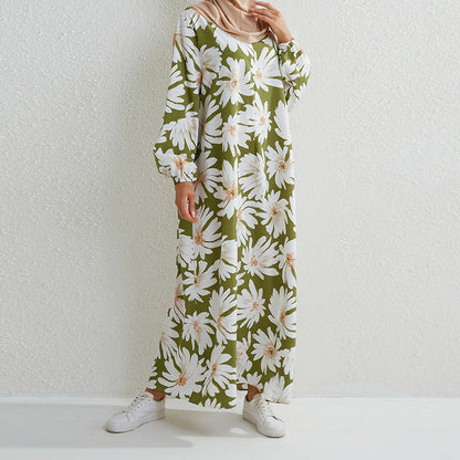 Women Casual Summer Vacation Tiny Flower Zipper Pullover Loose Fashion Pocket Maxi Dress